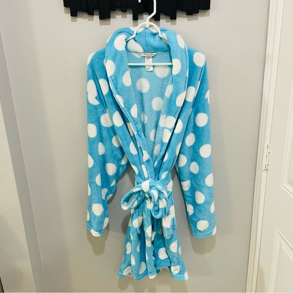 Hotel Spa Collection Blue & White Polka Dot Soft Plush Robe Womens One Size